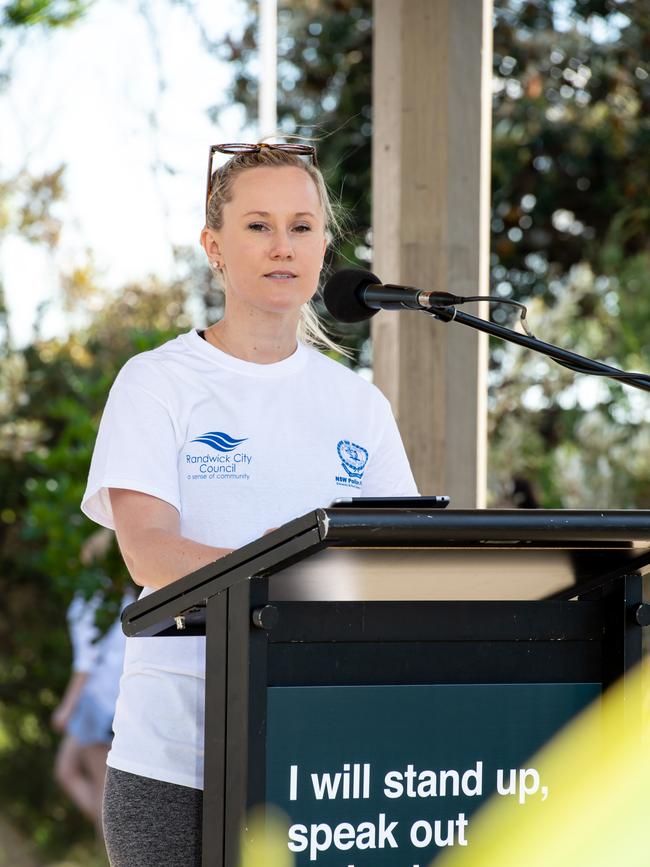 White Ribbon Ambassador Dr Angela Jay speaking after the walk Picture: Monique Harmer