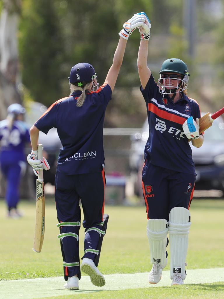 Armstrong Creek batters Alyce Lockwood and Errin Lang celebrate a boundary. Picture: Mark Wilson