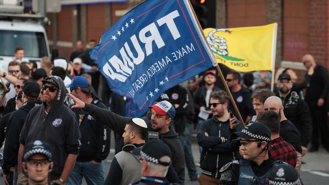 Far-Right activists at Campaign Against Racism and Fascism supporters during a demonstration outside Milo Yiannopoulos's show. AAP Image/Stefan Postles