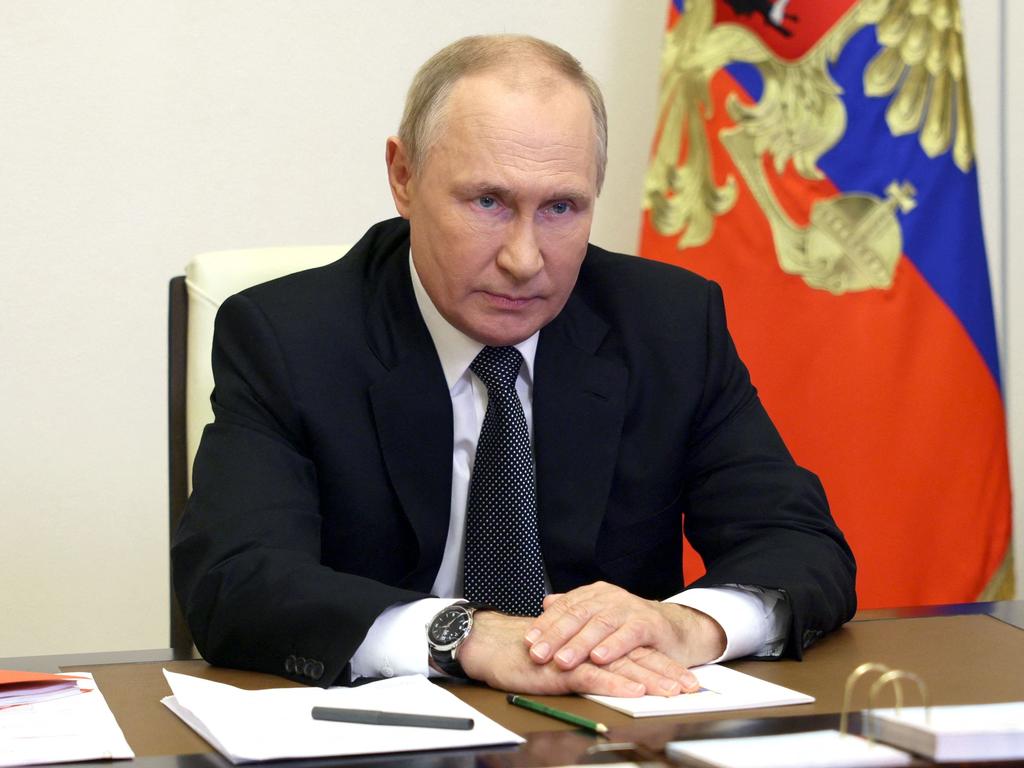 Russian President Vladimir Putin chairs a Security Council meeting via a video link at the Novo-Ogaryovo state residence outside Moscow. Picture: Sergei ILYIN / SPUTNIK / AFP