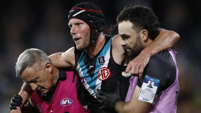 Retired Port star Brad Ebert wore a helmet to protect his head after a number of knocks. Picture: Getty Images