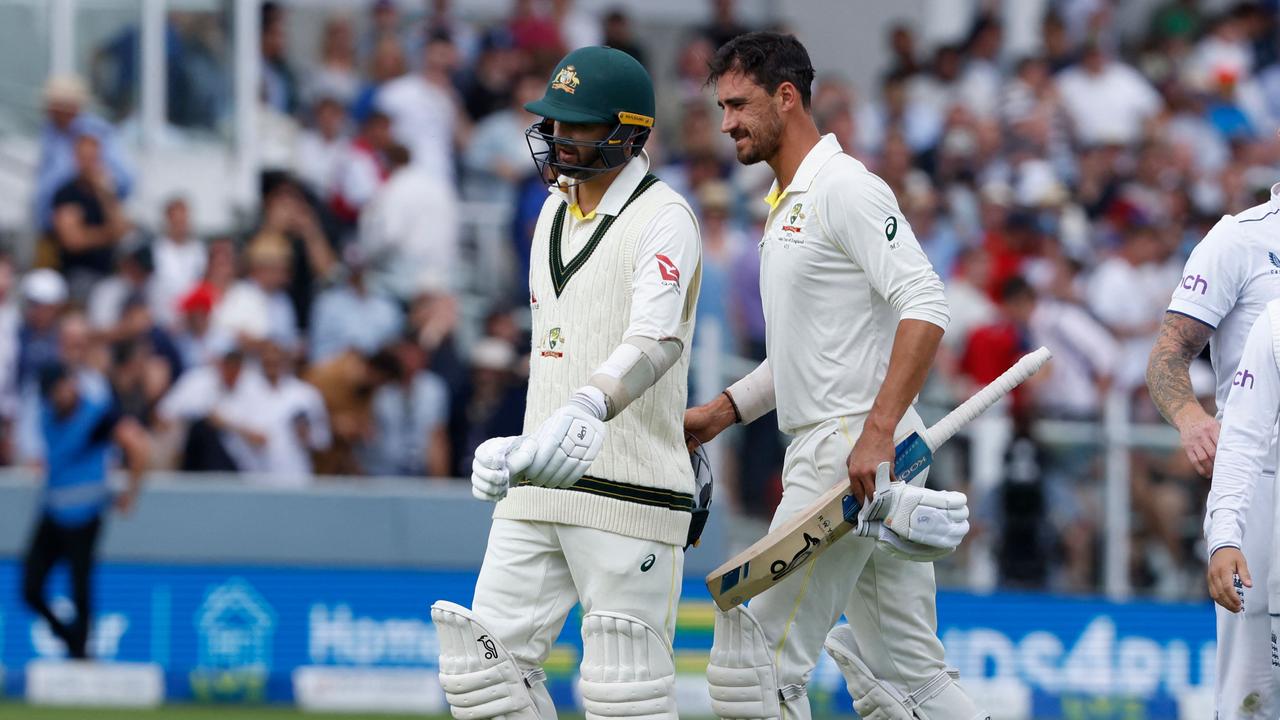 Mitchell Starc (R) was unimpressed when he saw Lyon walk out to bat. Picture: AFP