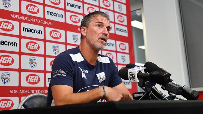 Adelaide United head coach Marco Kurz gives a press conference at Coopers stadium. Picture: AAP
