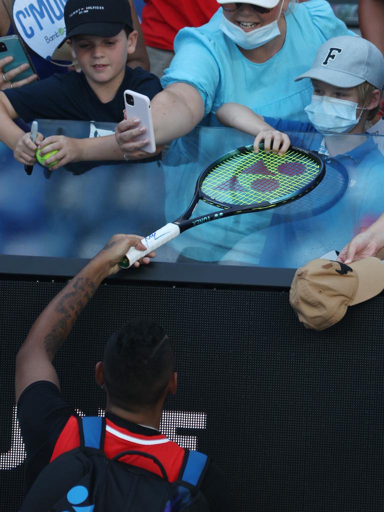 Nick Kyrgios gave away a racquet to a child he accidentally struck with a ball. Picture: Michael Klein