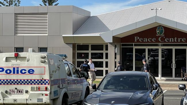 Police cars outside Peace Lutheran College in Cairns after Ms Neal, 18, was stabbed by Marc Rajan Taylor on Tuesday, May 16, 2023.