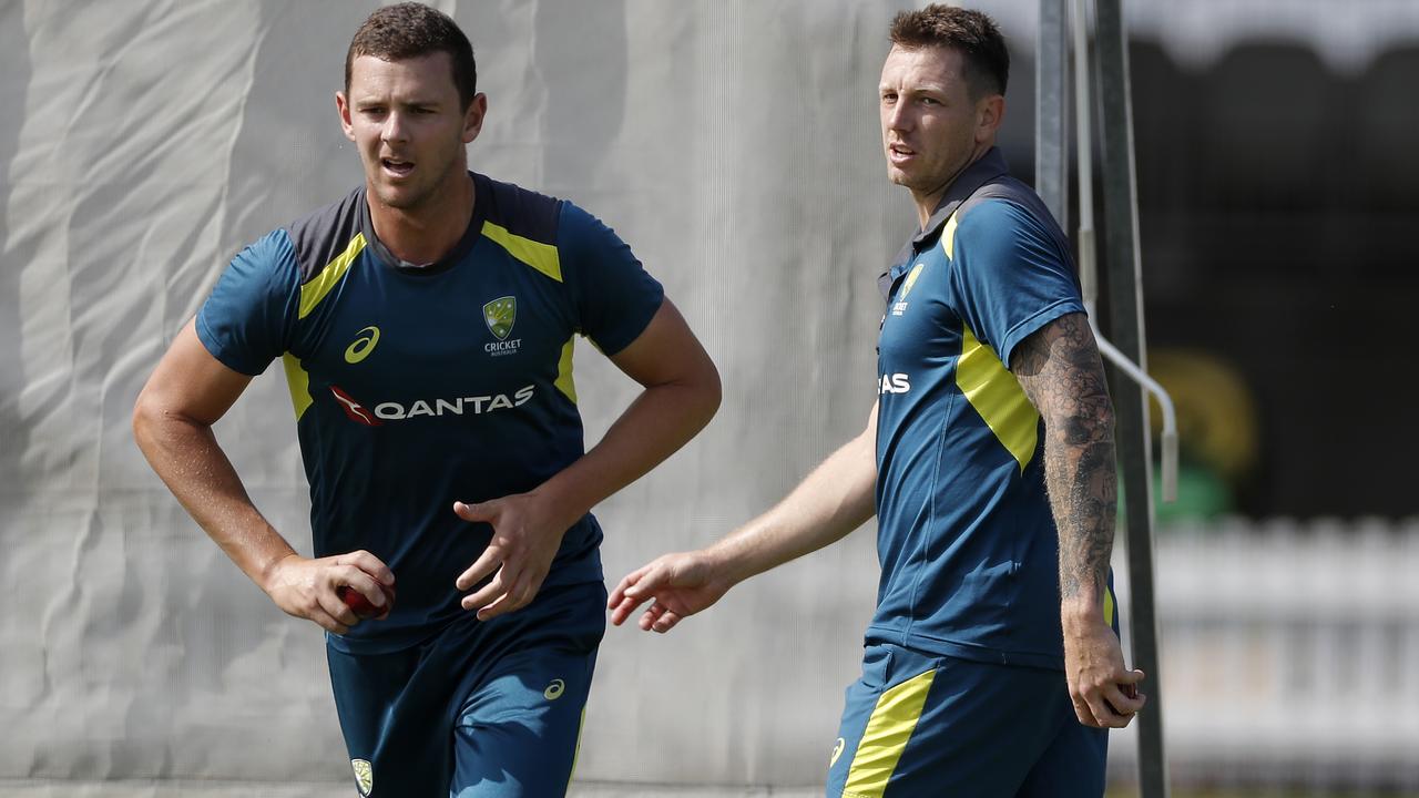 osh Hazlewood and James Pattinson during an Australian nets session.