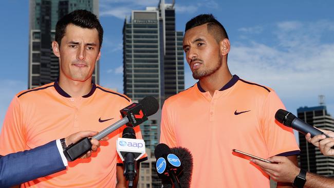 Bernard Tomic and Nick Kyrgios speak to the media.