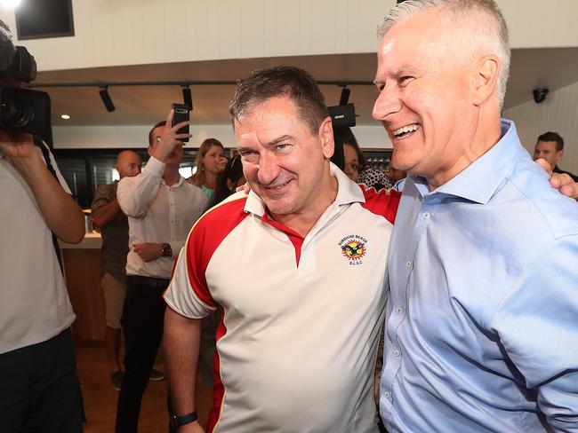 14/02/2020: Mostly forced smiles all around as Deputy Prime Minister Michael McCormack  (blue shirt) joins renegade Member for Wide Bay Llew OÕBrien to officially open the Sunshine Beach Surf Life Saving Clubhouse, on the Sunshine Coast . Lyndon Mechielsen/The Australian