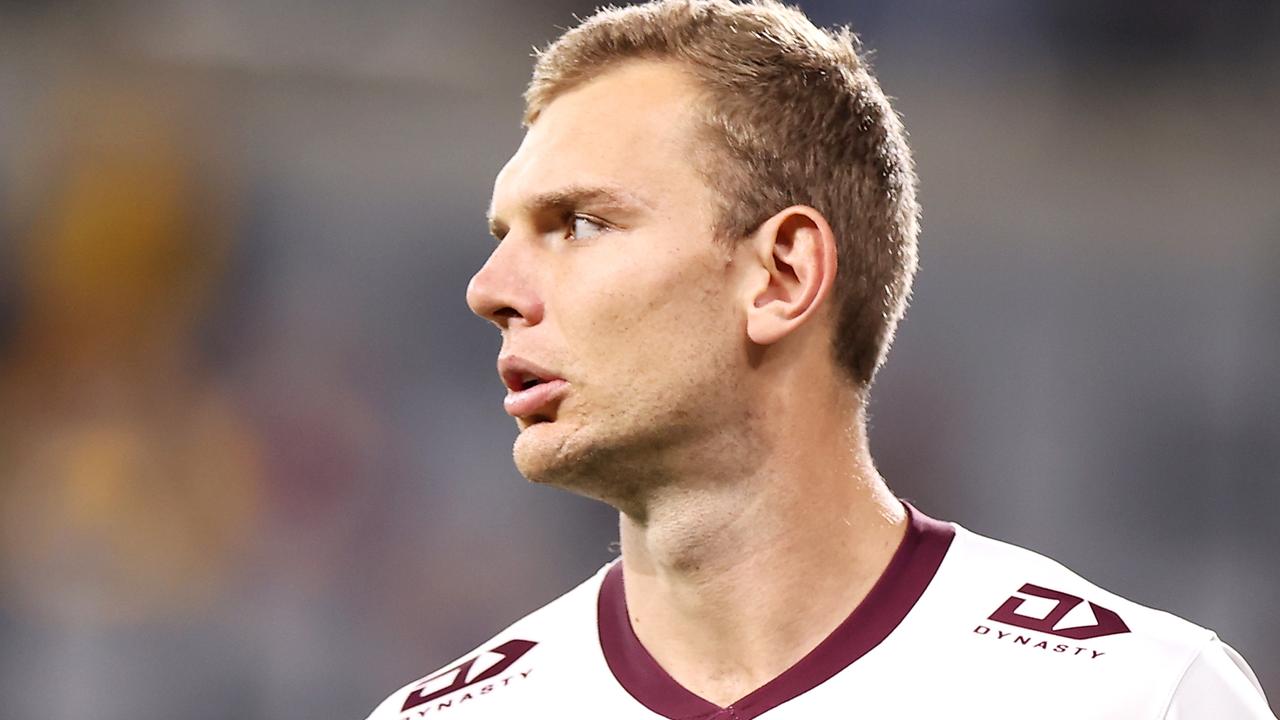 SYDNEY, AUSTRALIA - MAY 20: Tom Trbojevic of the Sea Eagles looks on during the warm-up before the round 11 NRL match between the Parramatta Eels and the Manly Sea Eagles at CommBank Stadium, on May 20, 2022, in Sydney, Australia. (Photo by Mark Kolbe/Getty Images)