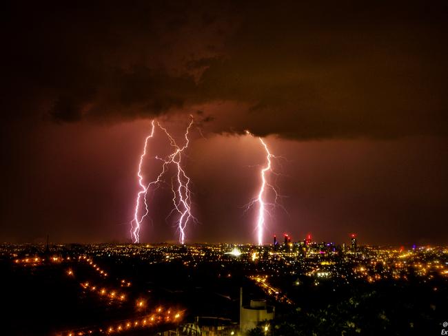 Image of lightning from Mt Coot-tha looking towards the city during the storm in Brisbane. Credit: Thomas Hinterdorfer