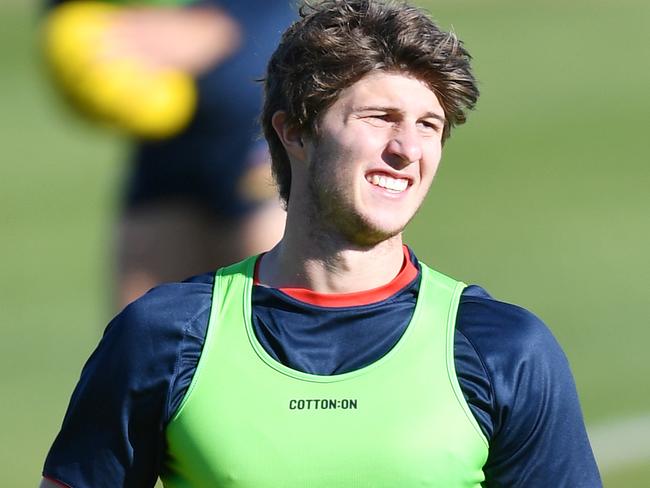 Jordon Butts of the Crows during an AFL Adelaide Crows training session in Adelaide, Friday, June 12, 2020. (AAP Image/David Mariuz) NO ARCHIVING