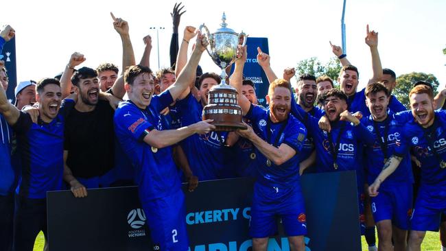 Avondale celebrates its Dockerty Cup title. Picture: Avondale FC Facebook