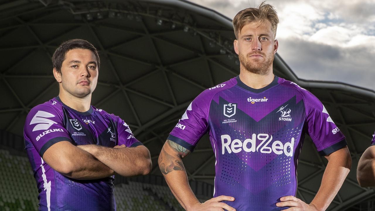 Melbourne Storm players Brandon Smith, Cameron Munster and Ryan Papenhuyzen at AAMI Stadium, ready for their first game. Picture: Alex Coppel.