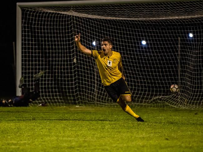 Edge Hill United's Ryan Murray celebrates the winning goal. Picture: Emily Barker.