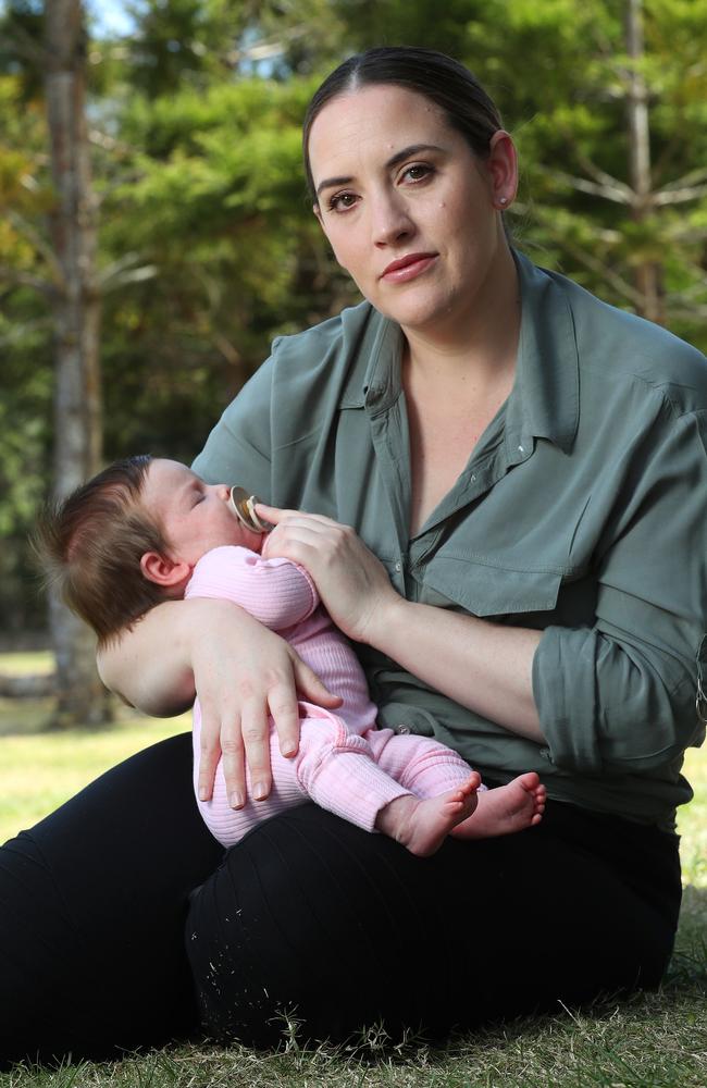 Chloe Aitken, 32, with daughter Everly, 5 weeks-old, who was accidentally born at home, Springfield. Young mothers in the Greater Springfield region are being forced to travel up to 45 minutes to access maternity care. Picture: Liam Kidston.