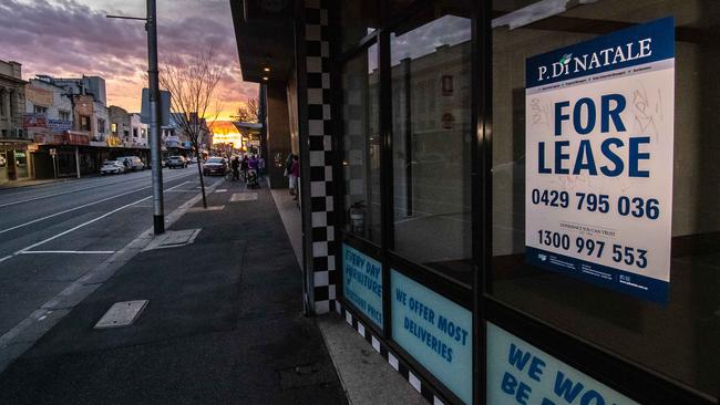 For lease signs are everywhere in Footscray as the Covid lockdowns take a toll. Picture: Jason Edwards