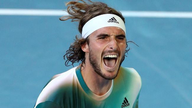 Greece's Stefanos Tsitsipas celebrates victory against France's Benoit Paire