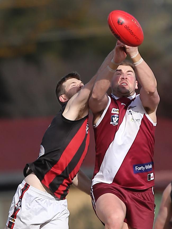 Brett Eddy, right, booted 71 goals in his first season with Traralgon. Picture Yuri Kouzmin