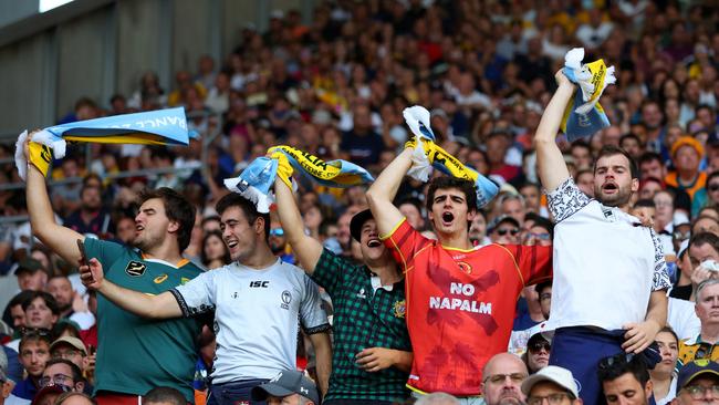 SAINT-ETIENNE, FRANCE - SEPTEMBER 17: Fans of South Africa and Fiji enjoy the match during the Rugby World Cup France 2023 match between Australia and Fiji at Stade Geoffroy-Guichard on September 17, 2023 in Saint-Etienne, France. (Photo by Chris Hyde/Getty Images)