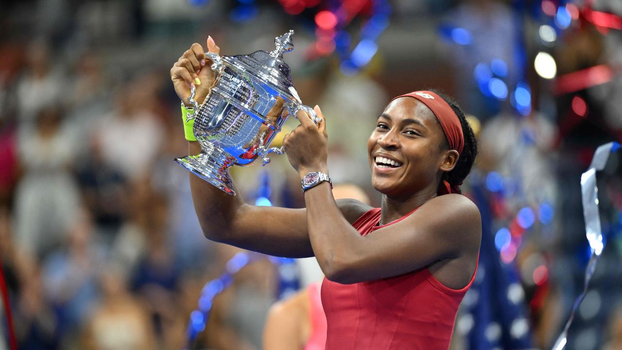 Gauff poses with the trophy after winning the US Open in New York. Picture: Angela Weiss / AFP