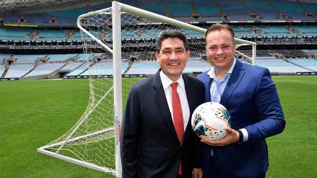 NSW Acting Minister for Sport Geoff Lee and former football star Mark Bosnich at the launch of the Football for Fires Fundraiser in Sydney