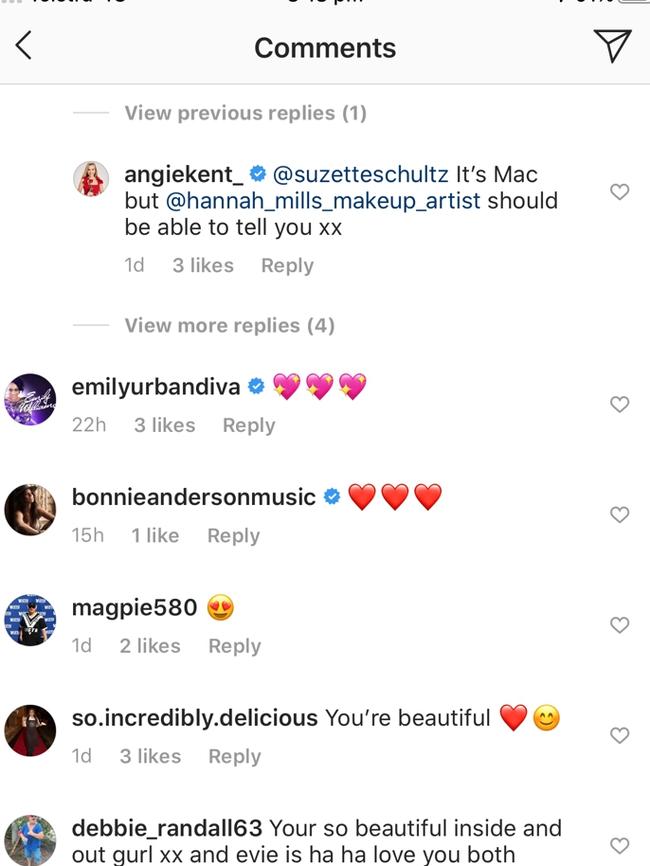 Neighbours actor Bonnie Anderson supports Angie Kent on Instagram.