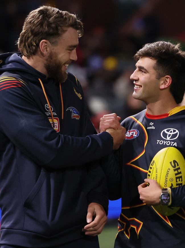 Riley Thilthorpe and Josh Rachele last month. Picture: James Elsby/AFL Photos