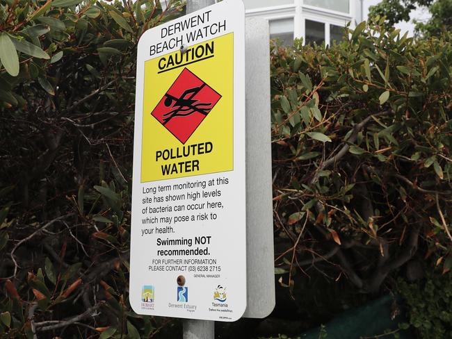 Warning sign not to swim at Nutgrove Beach, Sandy Bay. Picture: LUKE BOWDEN