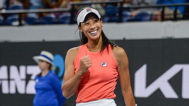 Australia’s Priscilla Hon celebrates her boilover win against top-20 star and former world No.2 Petra Kvitova. Picture: AFP