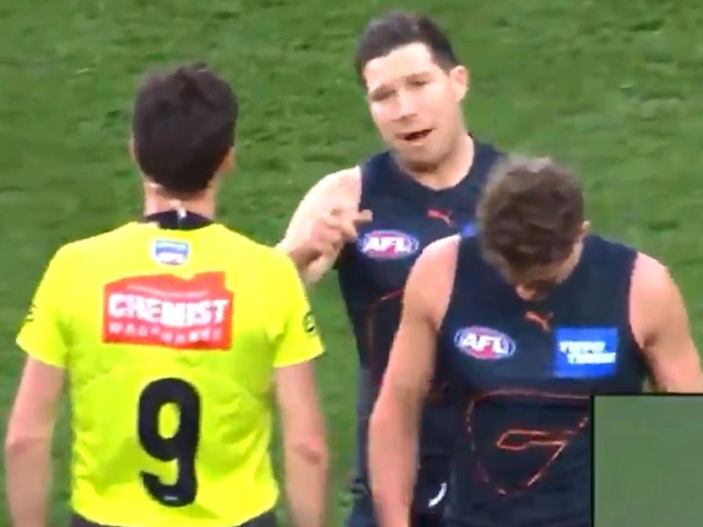 Greater Western Sydney Toby Greene makes a beeline for umpire Matt Stevic. Picture: Fox Sports