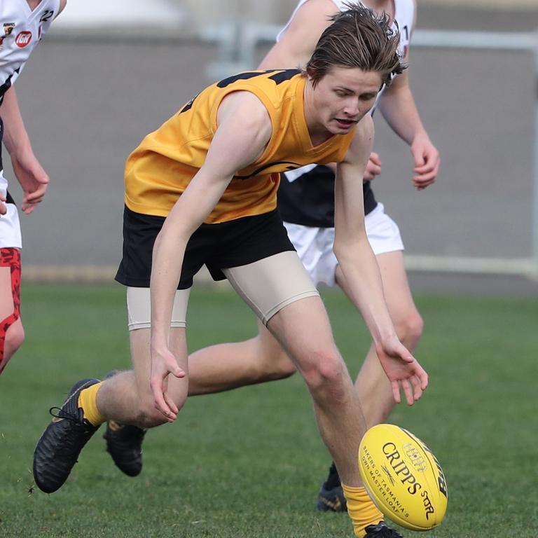 Under 16 Boys STJFL vs. NTJFA match, North Hobart Oval: South's Ethan Lovell tracks the ball. Picture: LUKE BOWDEN