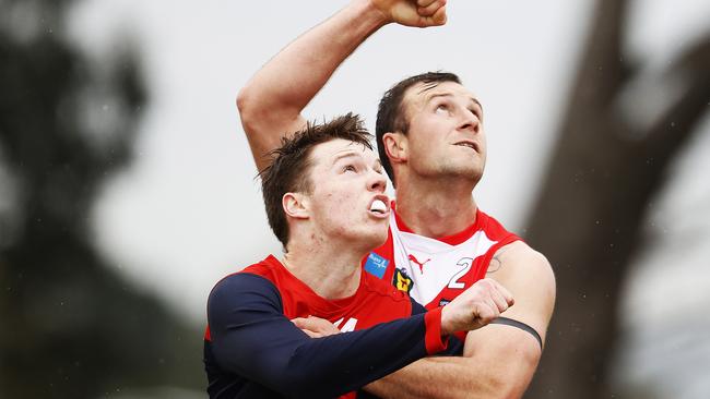 Round 13 TSL game between Clarence v North Hobart from Richmond Oval. North Hobart's Jack McCulloch and Clarence's Wade Wall compete in the ruck. Picture: Zak Simmonds