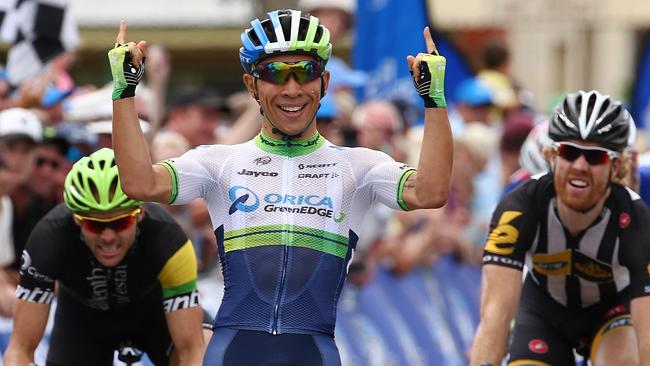 Herald Sun Tour. Stage 3. Michelson Winery to Nagambie. Caleb Ewan of the Orica GreenEdge team celebrates winning into Nagambie . Pic: Michael Klein