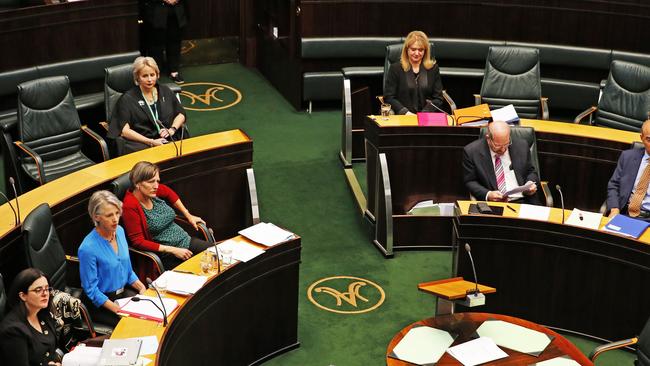 Sue Hickey, top left, left the Speaker’s chair to take part in the debate and vote on the anti-protest laws. Picture: ZAK SIMMONDS