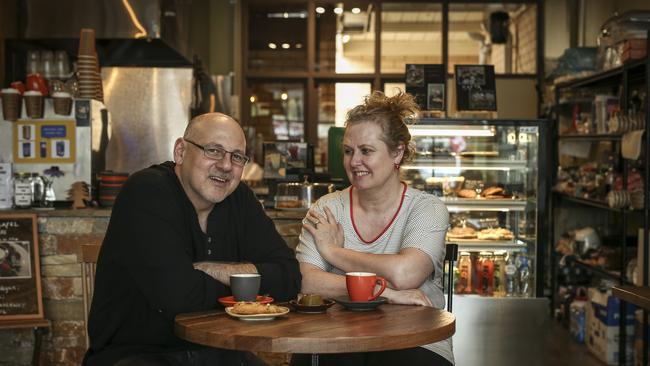 Erica Rizk and her husband naji Rizk at their Erindale cafe, The Rustic Fig. Picture: AAP/Mike Burton