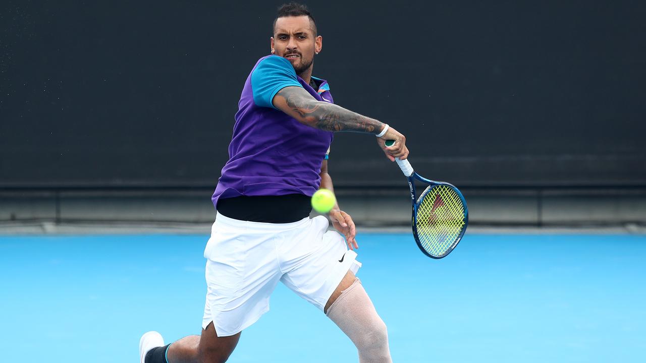 Nick Kyrgios had to dramatically reduce his service speed as he battled a leg issue.