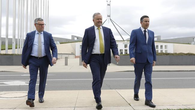 Murray Watt, left, Anthony Albanese and Mark Butler at Parliament House in Canberra. Picture: Sean Davey.