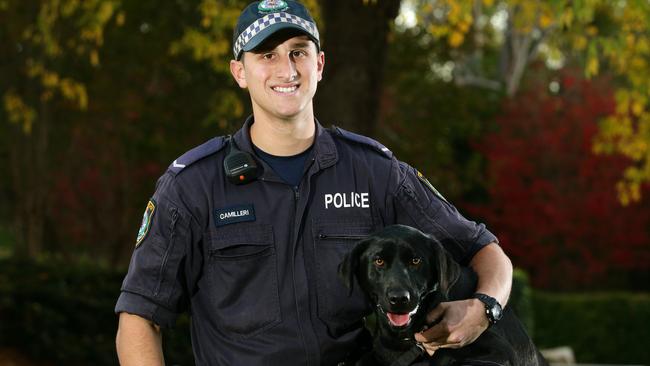 Constable Mark Camilleri with drug dog Ree. Police regularly use drug dogs while inspecting licensed venues on the lower north shore. Picture: Jonathan Ng