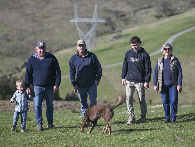 BATLOW, AUSTRALIA. JULY 21, 2023: Dave Purcell, his little boy Sam, Geoff Purcell, Angus Purcell, and Louise Purcell on their property in Batlow  . Picture: Martin Ollman