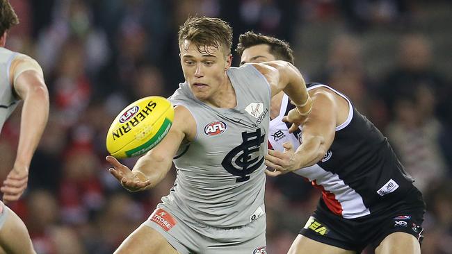 Patrick Cripps under pressure against St Kilda last week. Picture: Michael Klein