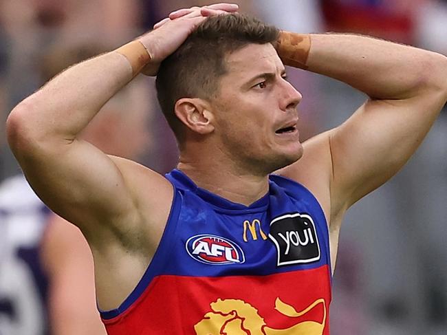 PERTH, AUSTRALIA - MARCH 17: Dayne Zorko of the Lions looks on during the round one AFL match between Fremantle Dockers and Brisbane Lions at Optus Stadium, on March 17, 2024, in Perth, Australia. (Photo by Paul Kane/Getty Images)