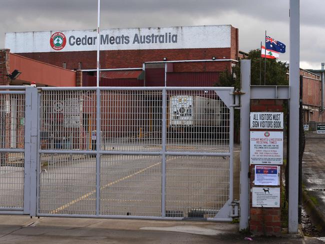 Gate closed: The entrance to the Cedar Meats Australia abattoir. Picture: William West/AFP