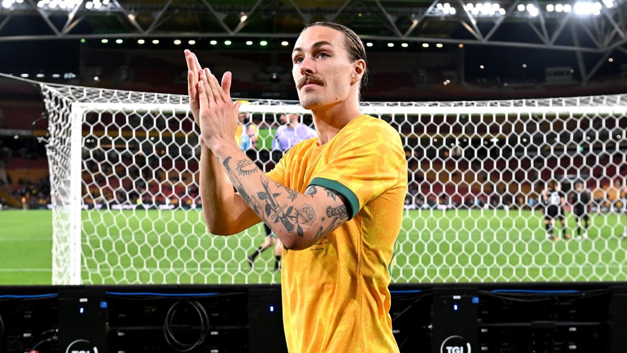 Jackson Irvine thanks the fans after Australia’s 1-0 win over New Zealand. Picture: Bradley Kanaris / Getty Images