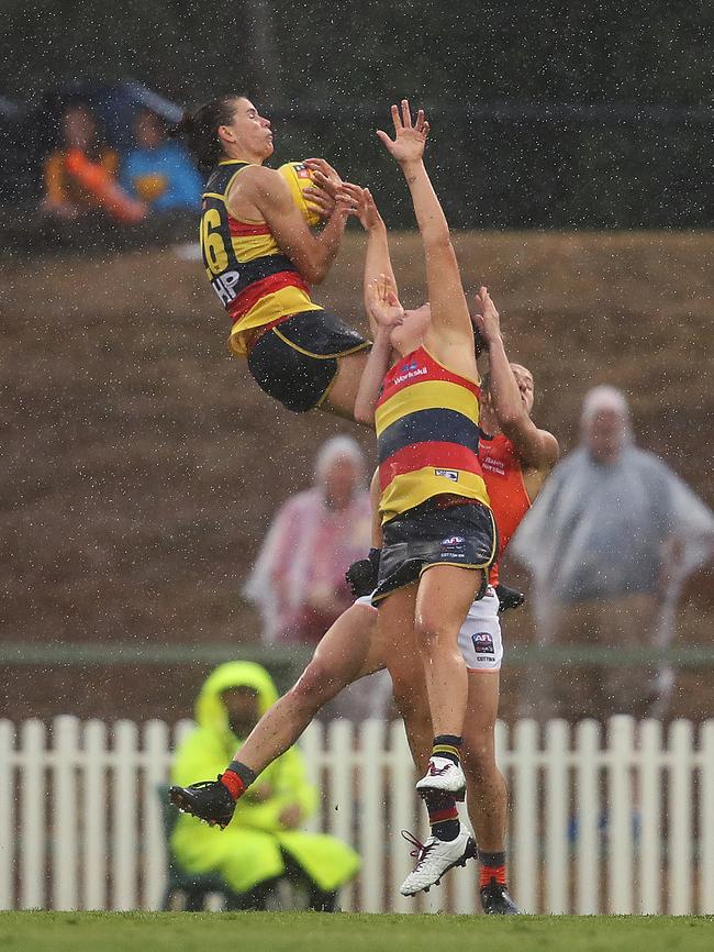 Randall makes a big leap during a GWS Giants v Adelaide Crows game at Blacktown. Picture. Phil Hillyard