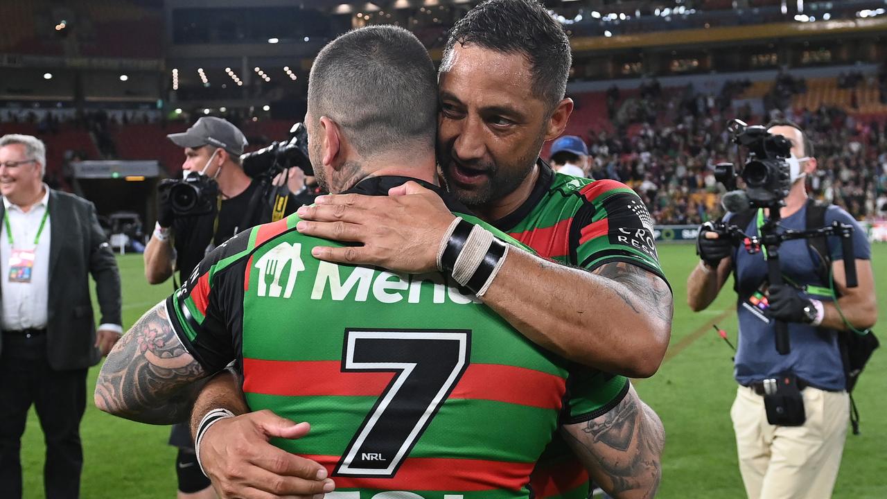 BRISBANE, AUSTRALIA - SEPTEMBER 24: Adam Reynolds of the Rabbitohs and Benji Marshall of the Rabbitohs celebrate winning the NRL Preliminary Final match between the South Sydney Rabbitohs and the Manly Sea Eagles at Suncorp Stadium on September 24, 2021 in Brisbane, Australia. (Photo by Bradley Kanaris/Getty Images)