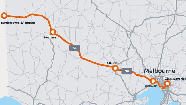 The route map for a large superload carrying an electrical transformer from Glen Waverley to Bordertown, South Australia from Wednesday 13 July to Sunday 17 July 2022. Picture: Supplied.