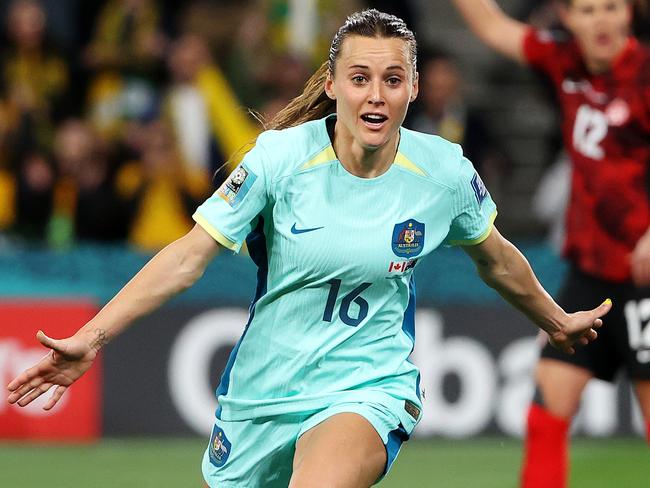 MELBOURNE, JULY 31, 2023: 2023 Fifa Womens World Cup - Australia V Canada. Hayley Raso of the Matildas scores the second goal during the match at Melbourne Rectangular Stadium. Picture: Mark Stewart