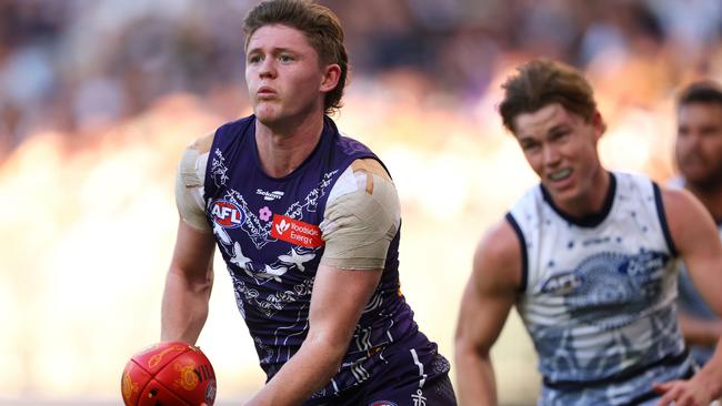 PERTH, AUSTRALIA - MAY 20: Nathan O'Driscoll of the Dockers in action during the round 10 AFL match between Walyalup/Fremantle Dockers and Geelong Cats at Optus Stadium, on May 20, 2023, in Perth, Australia. (Photo by Paul Kane/Getty Images)