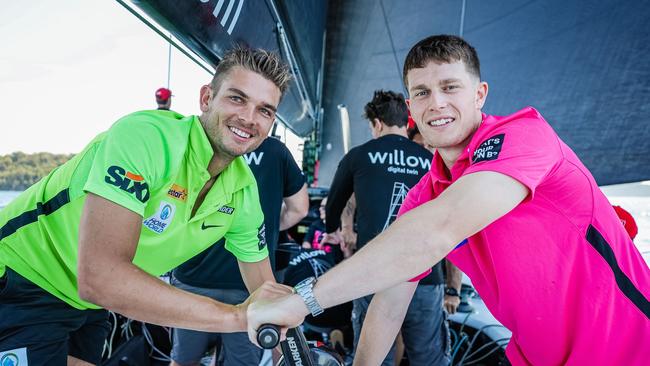 The cricketers aboard the supermaxi Willow before the Sydney to Hobart. Pic: Supplied