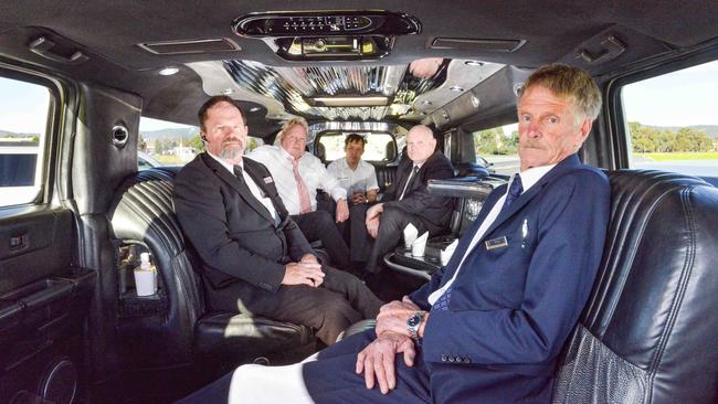 Limo drivers Andrew Belham from Silver Crest Limousines, Peter Liebich from Liebich Red Limousines, Asghar Yosufi from Hummer SA, Allan Aspinall from All Occasion Limousines and Peter Klar from P & K Limousines say limos are being sold to interstate businesses who can still drive them legally. Picture: Brenton Edwards